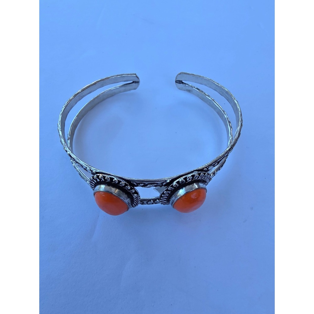 Vintage Spiny Orange Oyster Shell Silver Tone Split Shank Cuff Bracelet